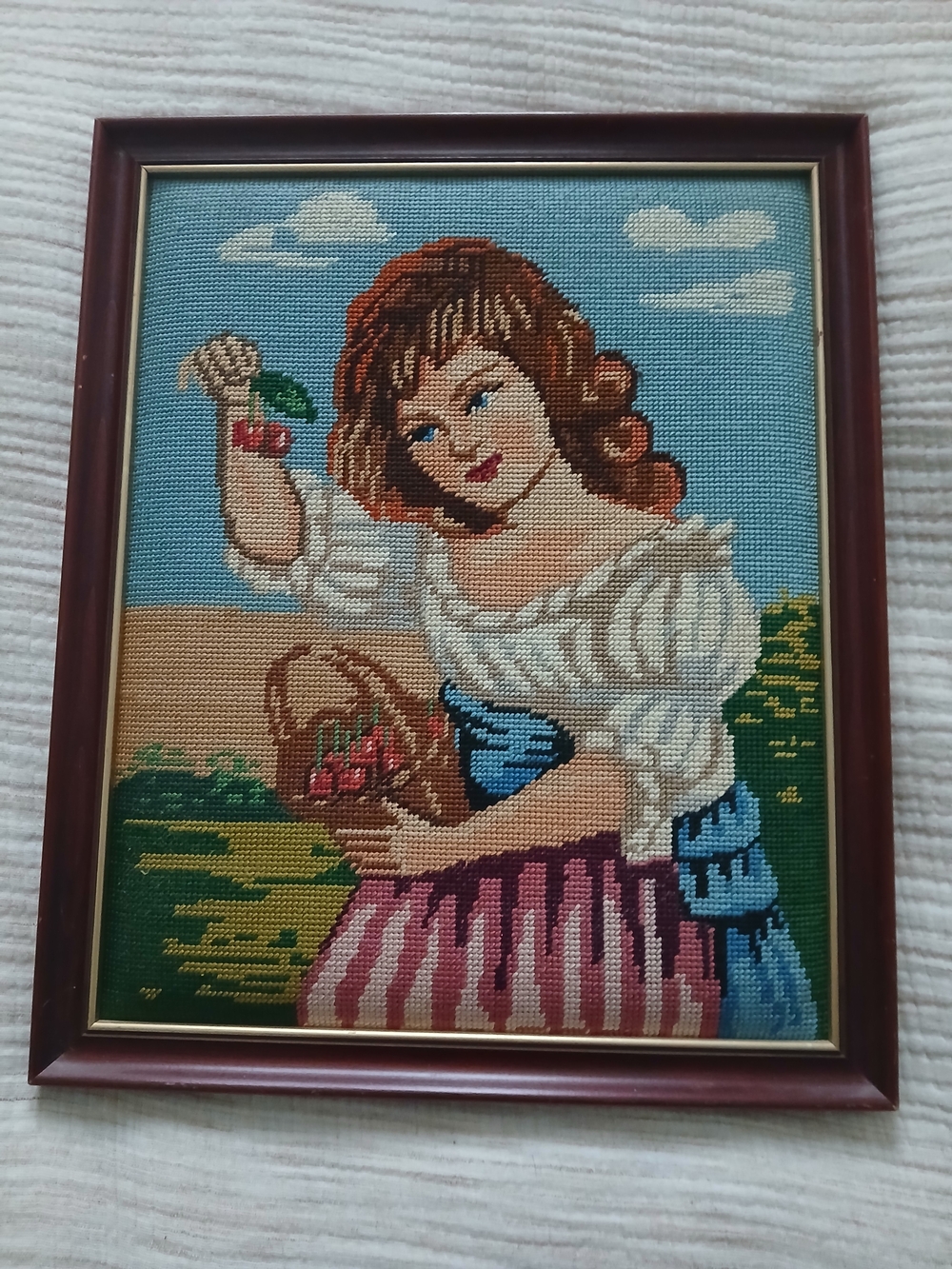 Vintage Hand-Embroidered Framed Girl with Basket Wall Art
